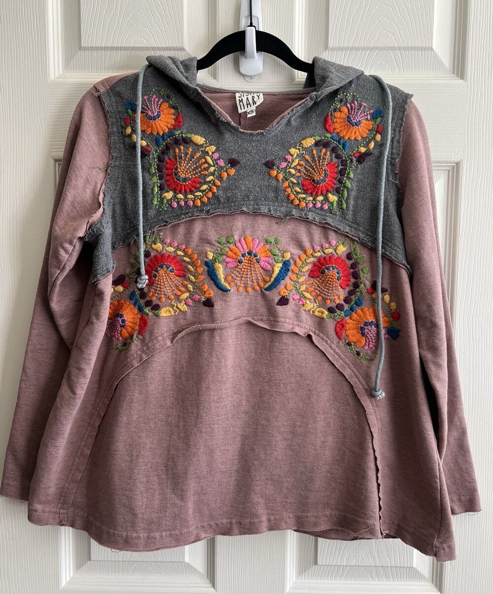 SISTER MARY Floral Embroidered Distressed Colorblock LS Hoodie Pullover Top XS